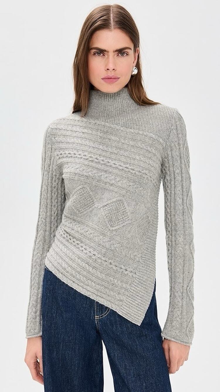 Staud Gray Wool Blend Mock Turtleneck Asymmetric Cable Knit Sidney Sweater Small
